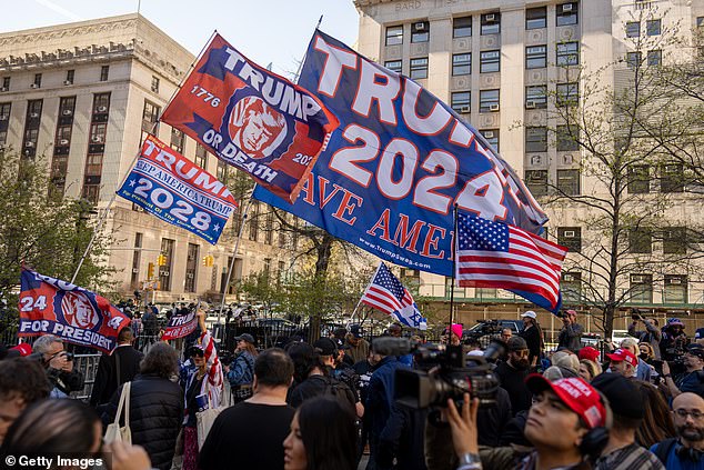 Trump supporters gathered outside Manhattan Criminal Court on Monday, April 15, 2024