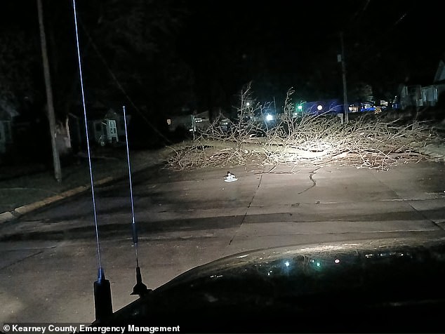 At least four to five homes in Nebraska were damaged by the storms last night, with photos from Kearney County showing fallen trees and branches blocking roads