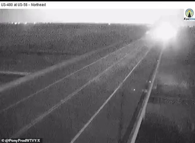 Blindingly bright lightning can be seen during the growing storm as it approached Dodge City, Kansas, Tuesday morning