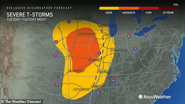 Additional storms are forecast to develop Tuesday afternoon in Iowa to Arkansas, including Missouri