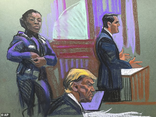 In this courtroom sketch, former US President Donald Trump sits as his lawyer Todd Blanche (right) speaks during the second day of jury selection