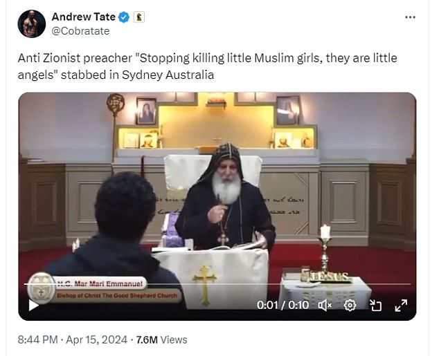 Tate's message (pictured) baselessly linked the stabbing to Bishop Mar Mari Emmanuel's supposed position on Israel's war in Gaza