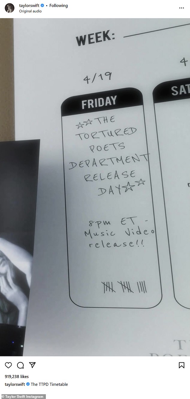 The date April 19 was written on the wall with a star, along with the words: 'The Tortured Poets Department Release Day'