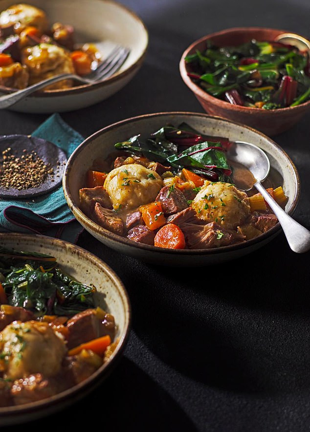 This classic beef stew with dumplings, reheated in a slow cooker, is ready in four hours