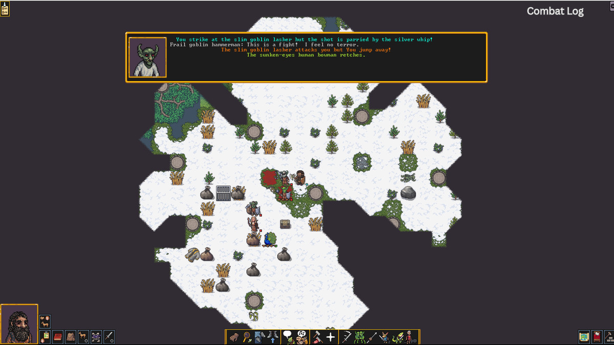 Battles in the Dwarf Fortress, shown from above, with trees blocking the view at the edges of the night scene.  Blood splatters on the ground near a long-eared goblin.