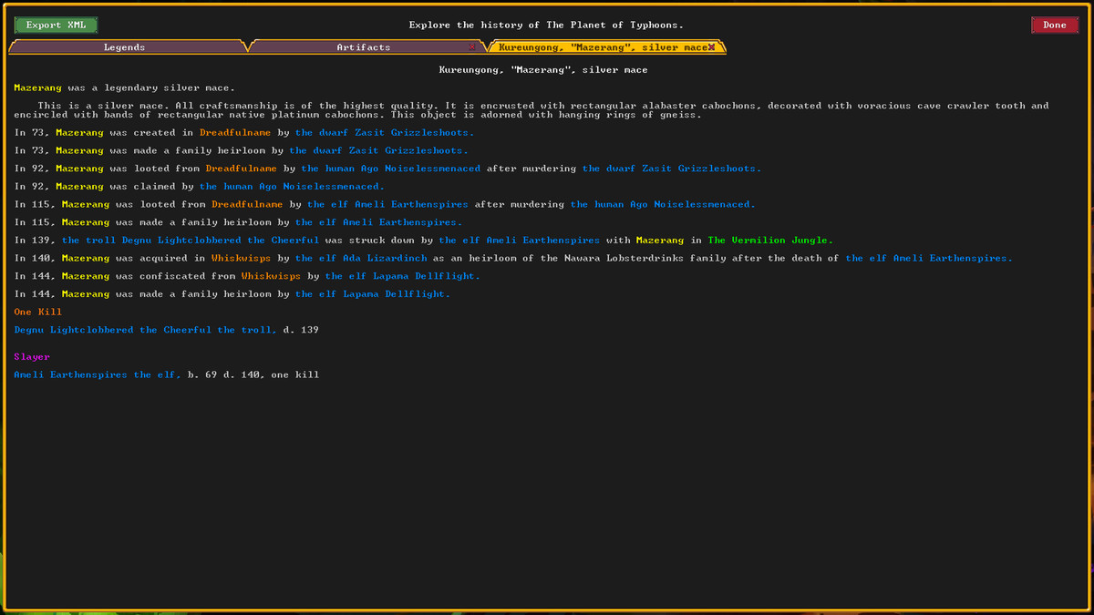 A Dwarf Fortress menu showing the details of an individual legendary item.