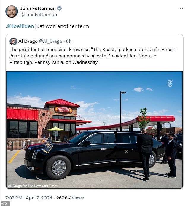 Democrat Senator John Fetterman – a notorious Sheetz booster over his Philadelphia-based rival Wawa – excitedly posted on X Wednesday: 'Joe Biden just won another term'