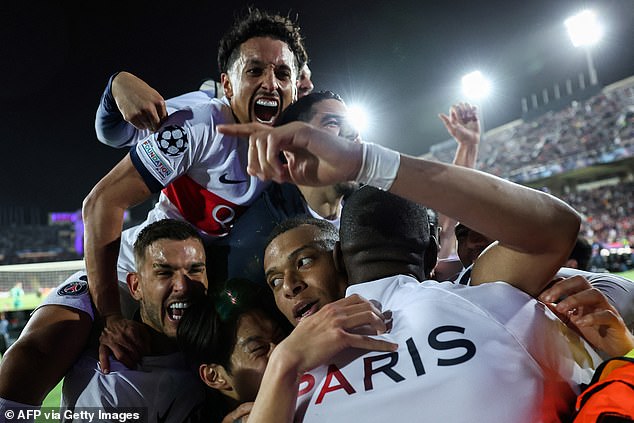 Mbappe led PSG's celebrations after the Ligue 1 side reached the semi-finals of the Champions League