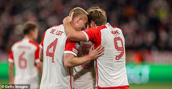 MUNICH, GERMANY – APRIL 17: Harry Kane of FC Bayern Muenchen celebrates with Eric Dier of FC Bayern Muenchen after winning the UEFA Champions League quarter-final second leg between FC Bayern Munich and Arsenal FC at the Allianz Arena on April 17, 2024 in Munich, Germany.  (Photo by Boris Streubel/Getty Images)