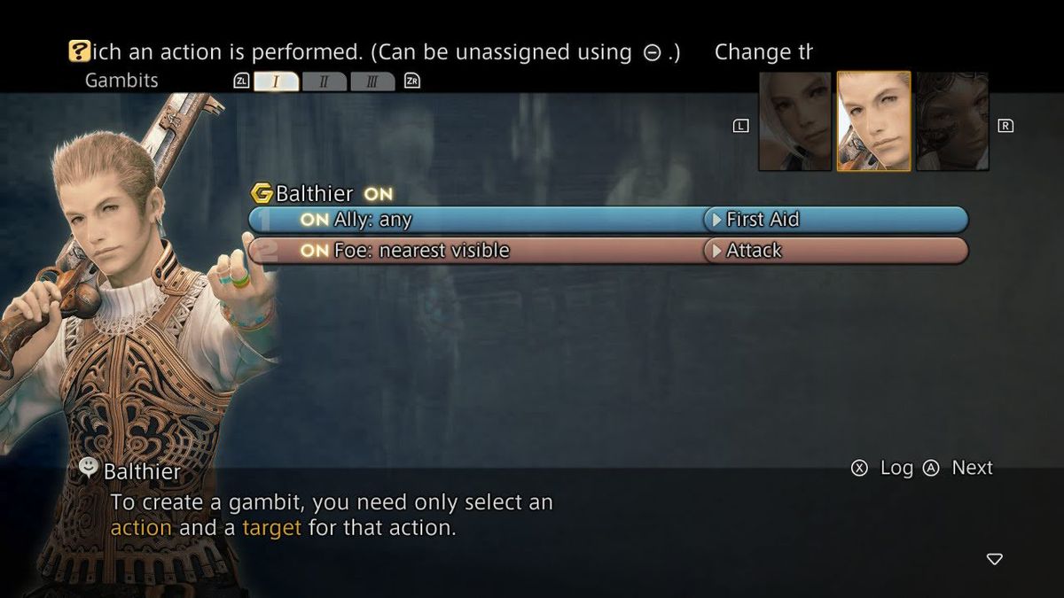 The Gambit tutorial screen in Final Fantasy 12, showing the commands 