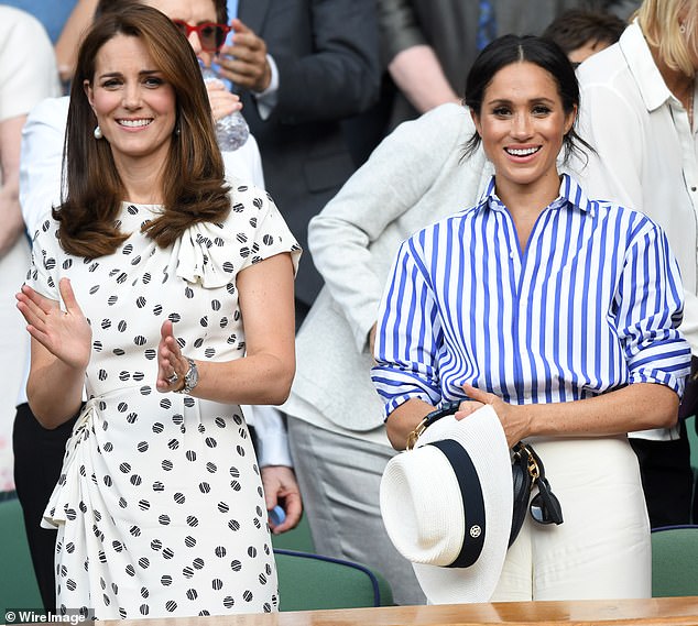 The British domain name for Meghan Markle's new company, American Riviera Orchard, has been bought up.  Pictured: Kate and Meghan at Wimbledon in 2018