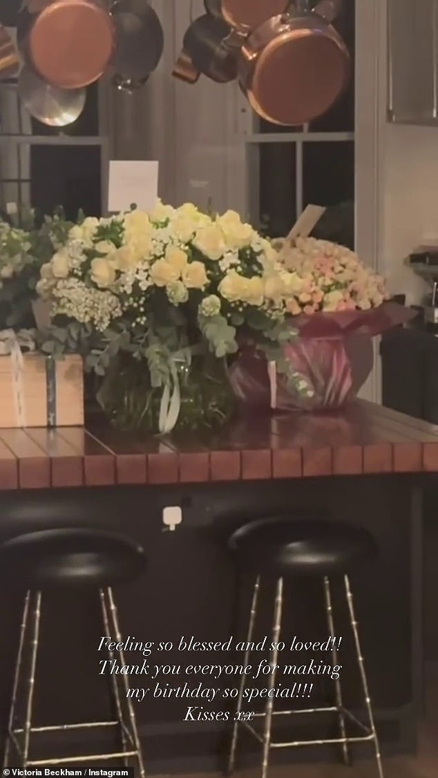 Victoria panned the camera around the room as she showed off the various vases filled with white, yellow and pink roses, as well as silver balloons that had been set out