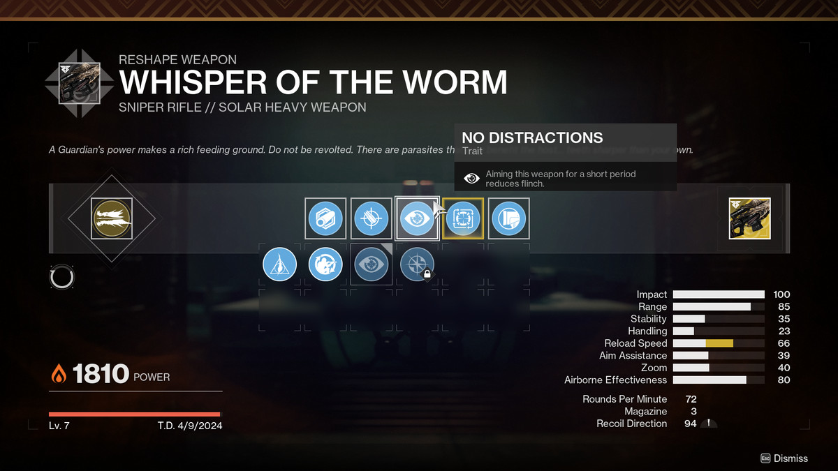 The Whisper of the Worm pistol with the No Distraction perk