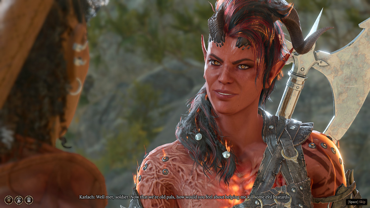 A screenshot of Karlach the fiery tiefling from Baldur's Gate 3, as she smiles grimly and says, 