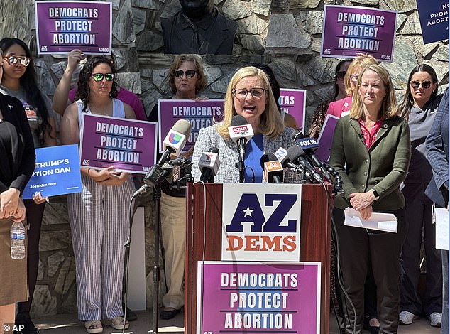 Phoenix Mayor Kate Gallego speaks at the Capitol on April 9.  Despite her split with Rep.  Gallego in 2016 while pregnant, she endorsed him in the November Senate race