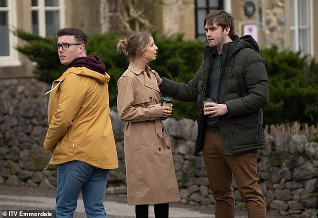 Elsewhere in Emmerdale, Vinny Dingle continued to cling to life in the latest episode.  During Thursday's double bill, Tom King (R) viciously attacked Vinny (L) for spending time with Belle (M)