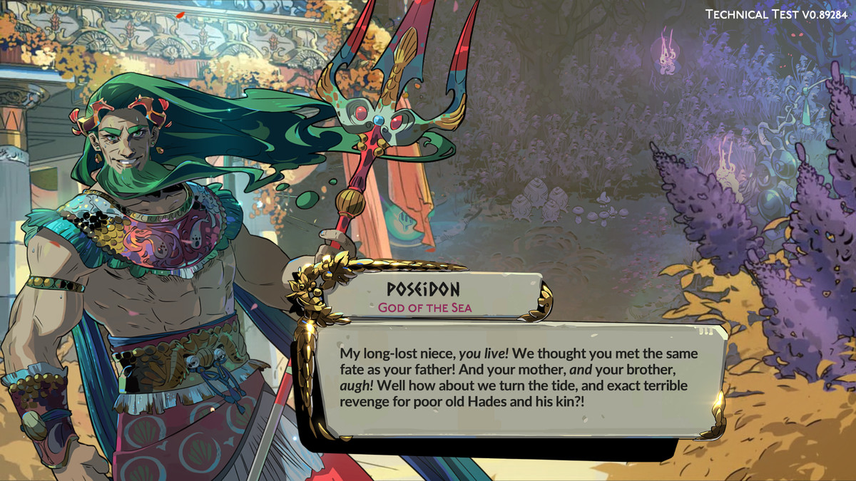 An image of Poseidon in Hades 2. He leans casually to the side and has aquamarine hair. 