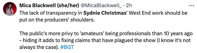 After the performance, fans flocked to X, with one writing: 'Always good to see an underdog on @BGT like Sydnie Christmas.  Jesus.  A simple Google search... wtf!'