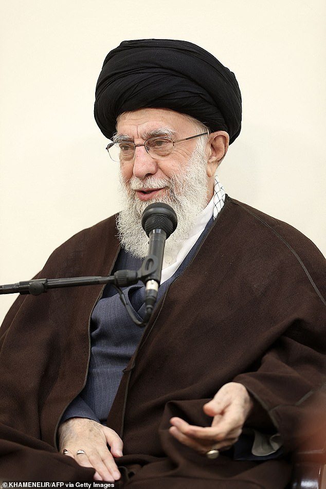 Khamenei (pictured) tried to downplay the failure of the Islamic Revolutionary Guards Corps (IRGC) to hit key targets with his 300-strong salvo of drones and missiles