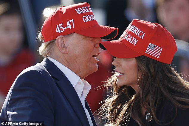 Trump speaks with North Dakota Governor Kristi Noem at a Buckeye Values ​​PAC Rally in Vandalia, Ohio, last month