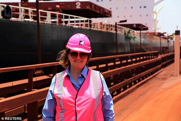 Gina Rinehart is pictured at Roy Hill moorings in Port Hedland