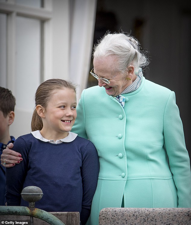 Princess Isabella and Queen Margrethe are pictured at Marselisborg Palace on April 16, 2017 in Aarhus, Denmark