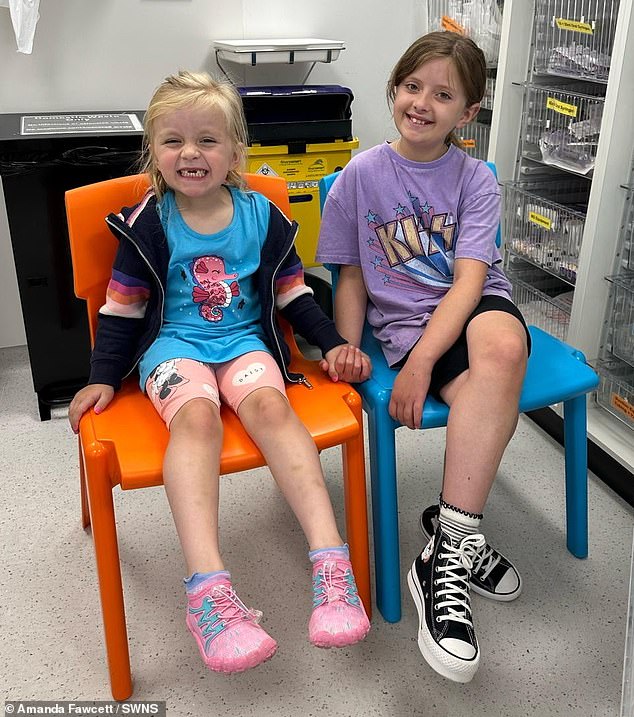 The young girl desperately needed a bone marrow transplant and after a series of tests it was discovered that her sister Mabel, five, was a perfect match.  The sisters are pictured together in the hospital