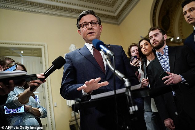 US Speaker of the House of Representatives Mike Johnson addresses the press