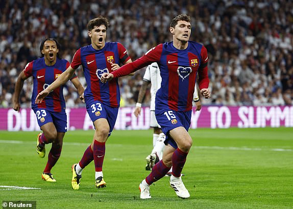 Football – LaLiga – Real Madrid v FC Barcelona – Santiago Bernabeu, Madrid, Spain – April 21, 2024 FC Barcelona's Andreas Christensen celebrates scoring their first goal REUTERS/Susana Vera