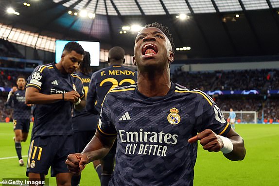 MANCHESTER, ENGLAND - APRIL 17: Real Madrid's Vinicius Junior celebrates during the UEFA Champions League quarter-final second leg between Manchester City and Real Madrid CF at the Etihad Stadium on April 17, 2024 in Manchester, England.  (Photo by Marc Atkins/Getty Images) (Photo by Marc Atkins/Getty Images)