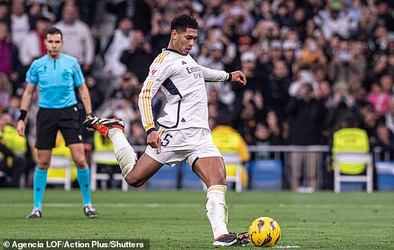 Mandatory credits: Photo by Agencia LOF/Action Plus/Shutterstock (14307970bi) Jude Bellingham scores the goal for 1-2 from the penalty spot;  Santiago Bernabeu Stadium, Madrid, Spain, Spanish La Liga football, Real Madrid vs Almeria.  Real Madrid v Almeria, La Liga, Football, Santiago Bernabeu Stadium, Madrid, Spain - January 21, 2024