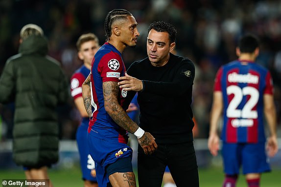 BARCELONA, SPAIN – APRIL 16: Raphinha and FC Barcelona head coach .  (Photo by Irina R. Hipolito/Europa Press via Getty Images)