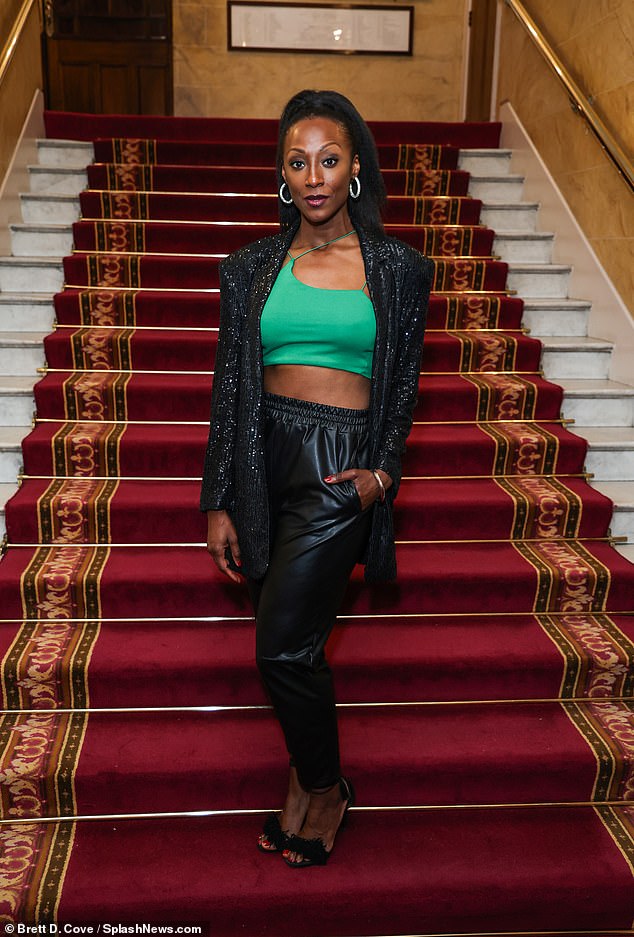 Death In Paradise sensation Victoria showed off her very toned midriff in a bright green halter top and black leather pants