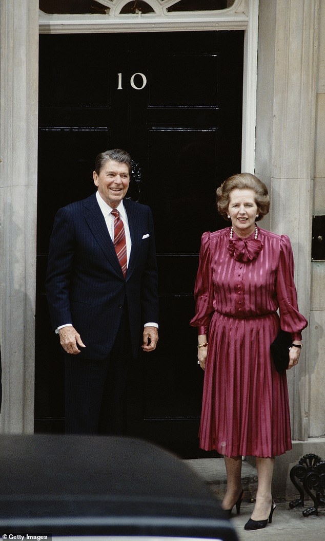 British Prime Minister Margaret Thatcher with American President Ronald Reagan (1911 - 2004) on the steps of 10 Downing Street, after the official start of the G7 economic summit in London, 1984