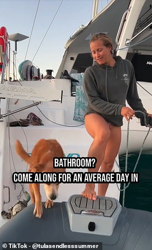 But in a series of TikToks, Sierra reveals some of the crazier sides of boat life and in one clip answers their 'most asked question' about how their dog goes to the toilet.