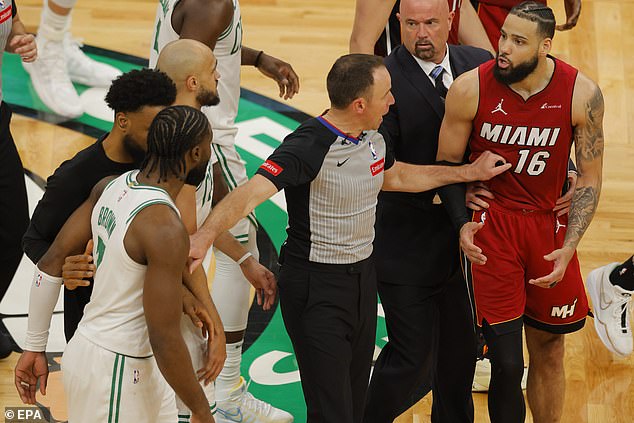 The referees had to separate Martin and Jaylen Brown after the Celtic came in to perform for Tatum