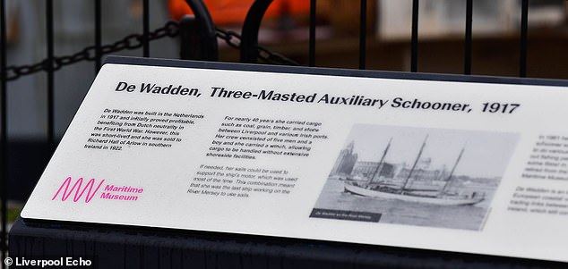 Pictured: A sign on Liverpool's waterfront with information about the three-masted auxiliary schooner.  NML was charged with its preservation after purchasing it in 1984