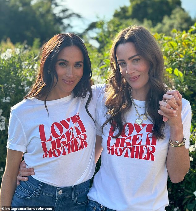 The Duchess, 42, posed in a “love like a mother” T-shirt, with proceeds from the sale of the shirts going to “essential services, education and advocacy so that young parents in foster care and their children can heal and thrive '' said Kelly McKee Zajfen