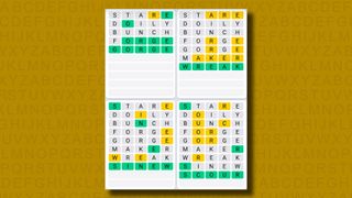 Quordle daily set answers for game 819 on a yellow background