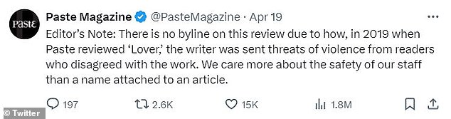 The magazine cited safety concerns as a reason for not disclosing the reviewer's name, explaining that some Swifties had threatened violence after a bad 2019 review of Lover.