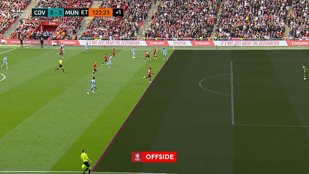 VAR ruled that Coventry's extra-time winner against Manchester United in Sunday's FA Cup semi-final was marginally offside (photo: VAR decision system replays incident)