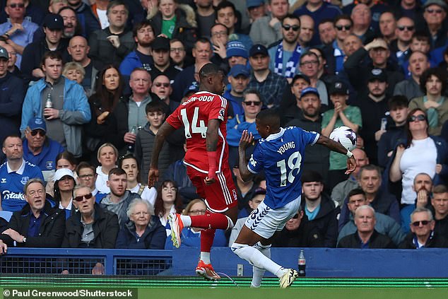 Callum Hudson-Odoi's cross was stopped by the outstretched arm of Ashley Young