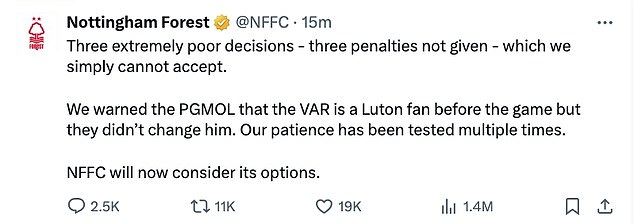 Nottingham Forest stated that they have warned PGMOL not to have Stuart Attwell as VAR