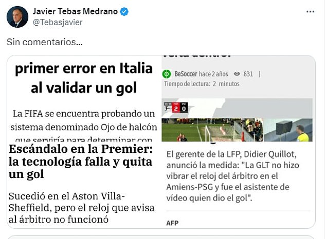 In a series of photos, Tebas shared incidents where goal-line technology had gone wrong