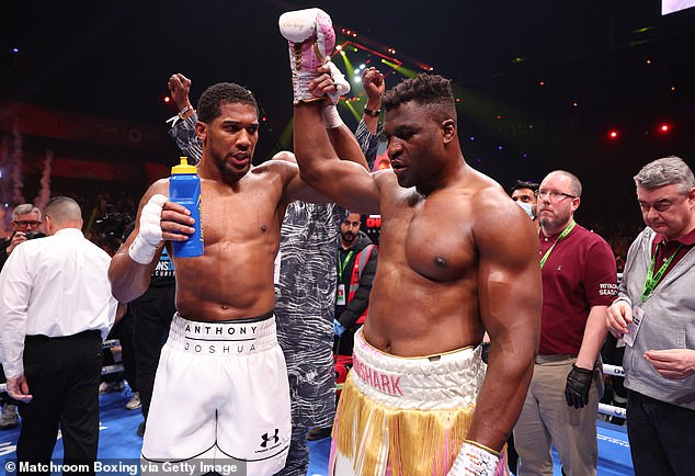 Joshua is still waiting to find out that his next opponent in the ring has defeated Francis Ngannou (right) in March