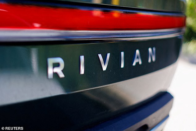 An electric pickup truck is pictured at the Rivian Automotive plant in Costa Mesa, California