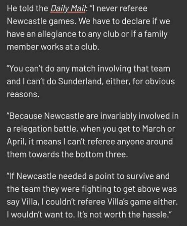 In the 2021 interview, Oliver, a Newcastle fan, had revealed that referees cannot officiate matches involving or linked to the team they support.