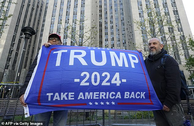 Trump supporters gather outside Manhattan Criminal Court on April 22, 2024 in New York City