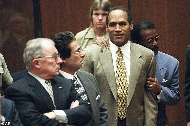 Simpson expressed his relief when the not guilty verdicts were read on October 3, 1995, while flanked by members of his legal 'Dream Team' (LR) F. Lee Bailey,39 three decades ago.