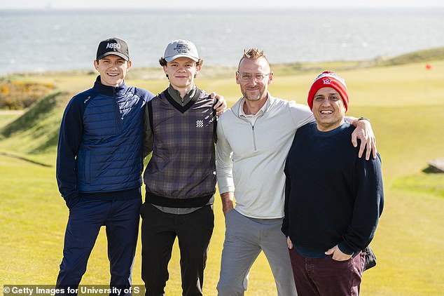 Harry embraced his inner Scot in a plaid sweater vest (pictured with Fortnite co-creator Donald Mustard and Joe)